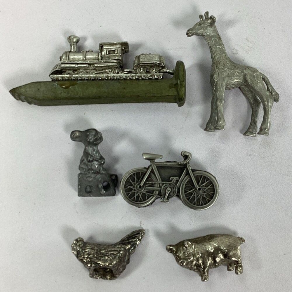 Cast Metal Pewter Figure Lot Mini Train Giraffe Mouse Bicycle Pin Rooster Pig